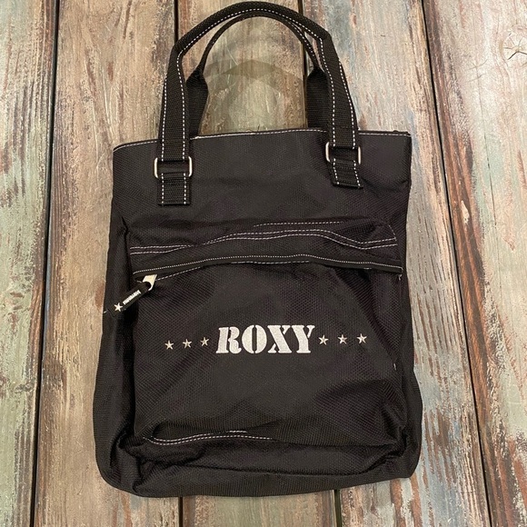 ROXY Nylon Handbag Black Military Stars Glitter Logo Adjustable Side Snaps Purse - Picture 9 of 10